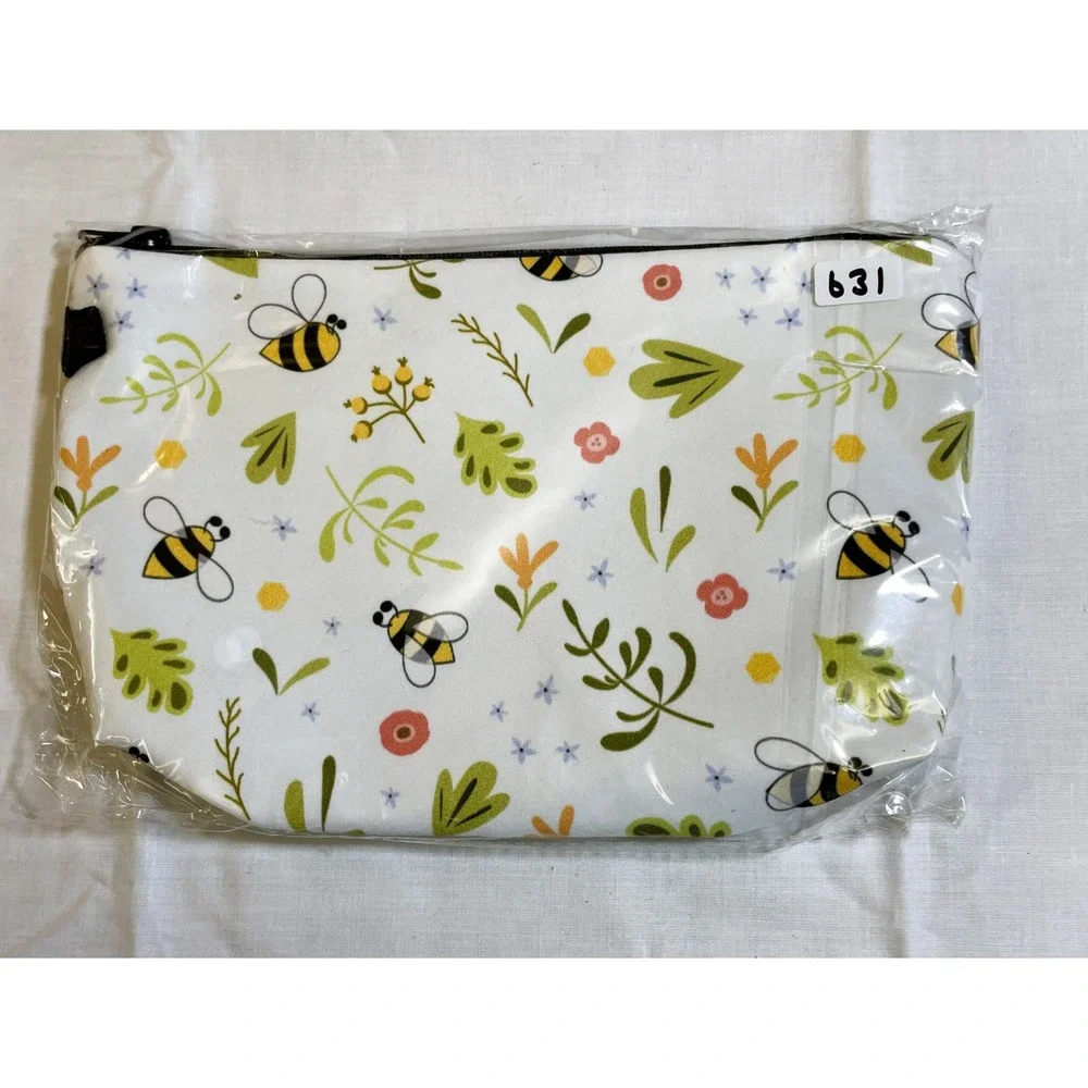 Unbranded‎ Pouch Unisex Small White New Bumblebee Floral Zippered Travel Bag